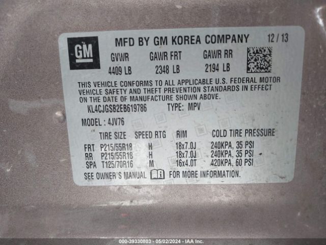KL4CJGSB2EB619786 Buick Encore Leather