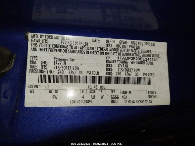 1FADP3F20EL241141 Ford FOCUS SE