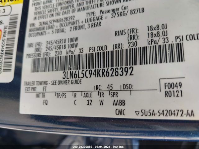 3LN6L5C94KR628392 Lincoln Mkz Reserve I