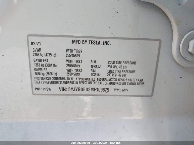 5YJYGDED2MF109679 Tesla Model Y Standard Range Rear-wheel Drive