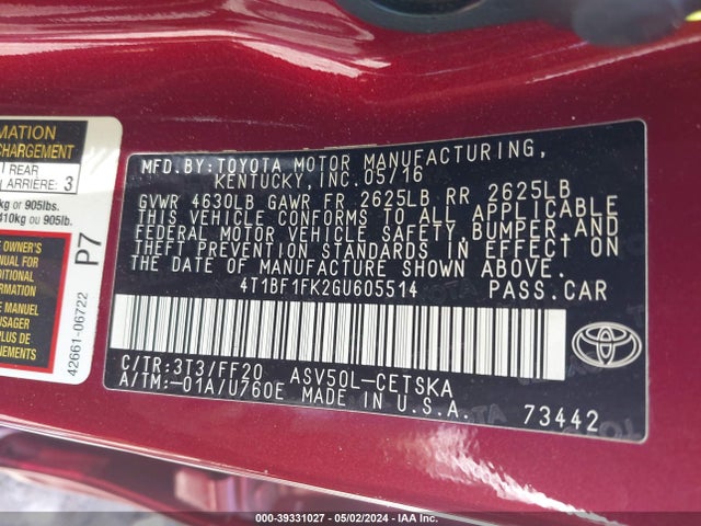 Toyota CAMRY SE 2016 4T1BF1FK2GU605514 Image 9