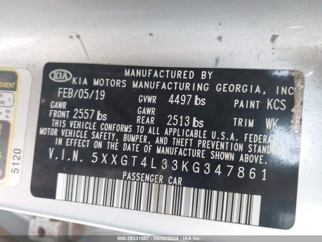 KIA Optima Lx 2019 5XXGT4L33KG347861 Image 9