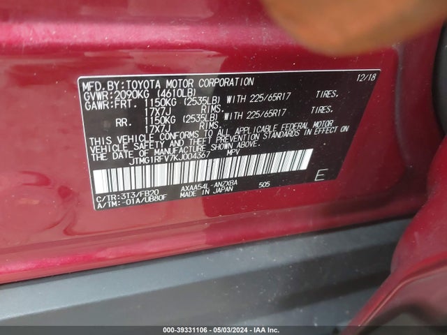 Toyota RAV4 LE 2019 JTMG1RFV7KJ004367 Image 9