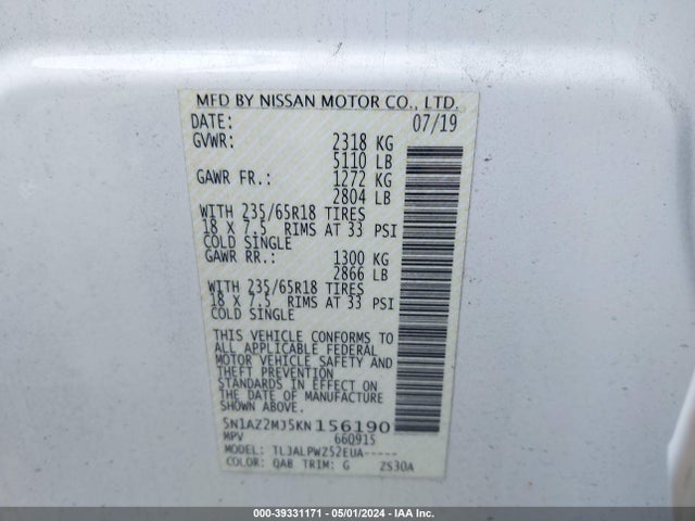 Nissan MURANO S 2019 5N1AZ2MJ5KN156190 Image 9