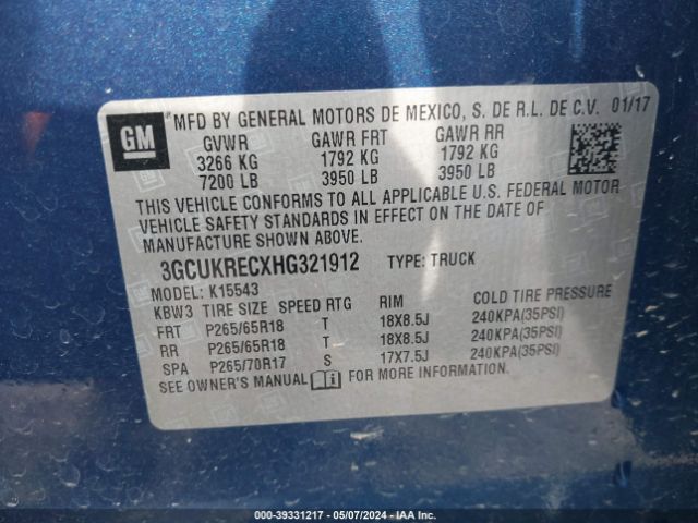 3GCUKRECXHG321912 Chevrolet Silverado 1500 2lt