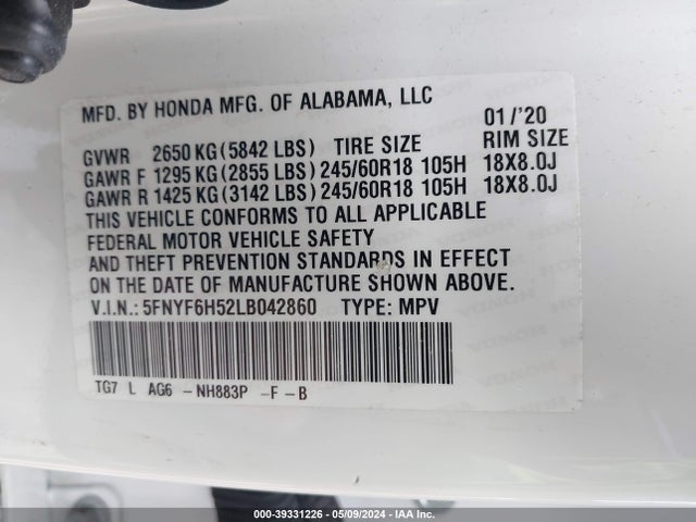 Honda Pilot Awd Ex-l 2020 5FNYF6H52LB042860 Image 9