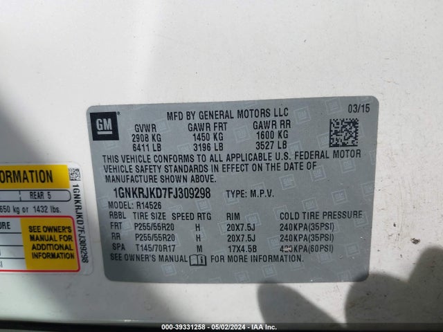 Chevrolet Traverse Ltz 2015 1GNKRJKD7FJ309298 Image 9