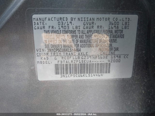 Nissan KICKS S 2019 3N1CP5CU6KL514464 Image 9