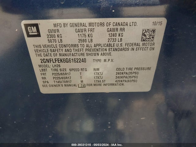Chevrolet EQUINOX LT 2016 2GNFLFEK6G6162240 Image 9