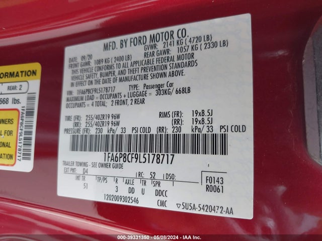 Ford Mustang Gt Premium Fastback 2020 1FA6P8CF9L5178717 Image 9