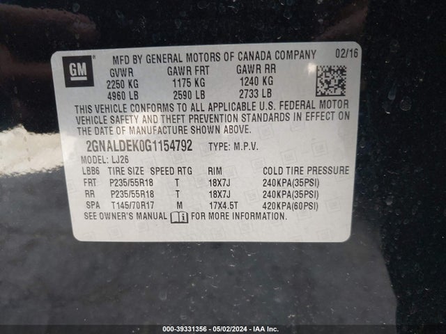 Chevrolet Equinox Ltz 2016 2GNALDEK0G1154792 Image 9