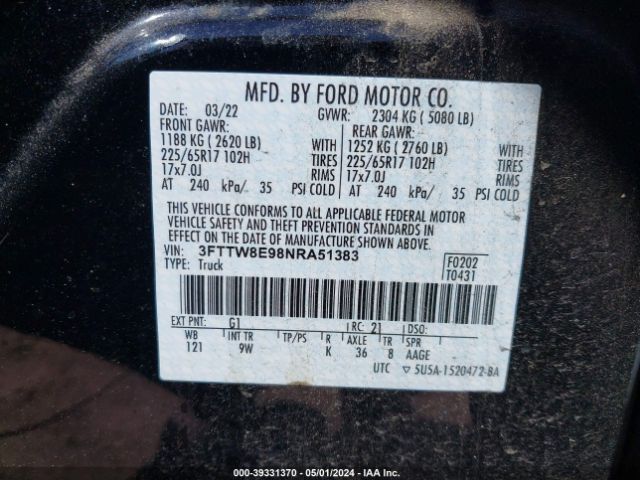 3FTTW8E98NRA51383 Ford Maverick Xl