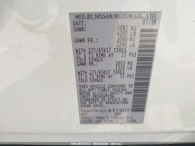 Nissan ROGUE SV 2018 5N1AT2MT6JC837407 Image 9