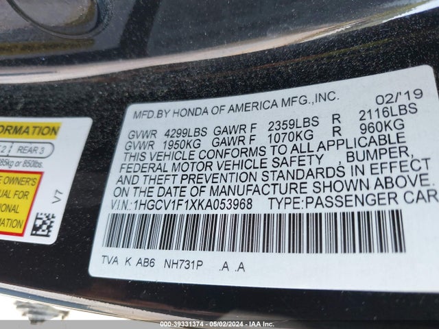 Honda ACCORD LX 2019 1HGCV1F1XKA053968 Image 9