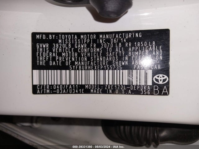 Toyota COROLLA L 2014 5YFBURHEXEP155735 Image 9