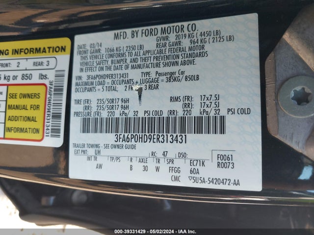 Ford FUSION SE 2014 3FA6P0HD9ER313431 Image 9