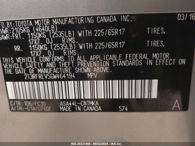 Toyota Rav4 Xle 2016 2T3RFREV5GW464194 Image 9