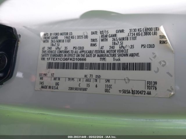 1FTEX1CG6FKD10666 Ford F-150 Xlt