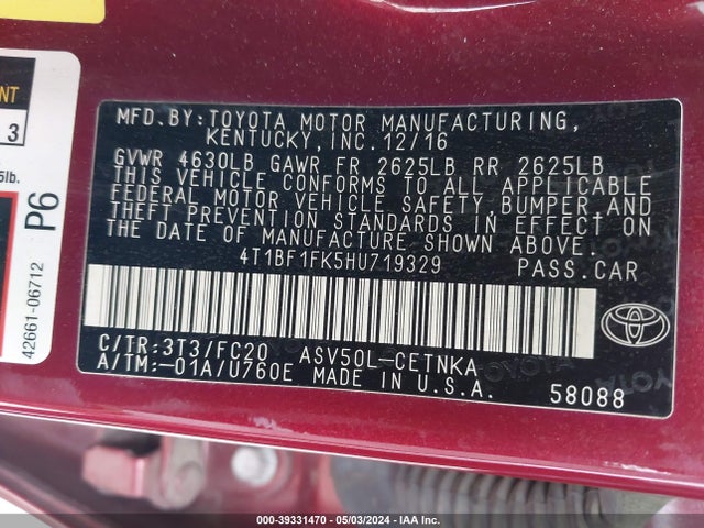 Toyota CAMRY LE 2017 4T1BF1FK5HU719329 Image 9