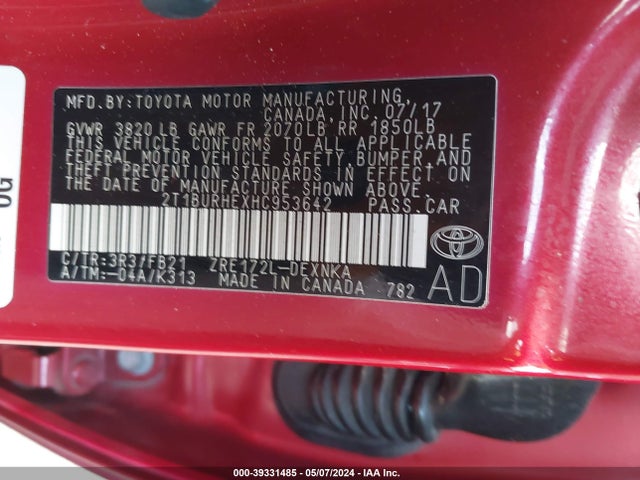 Toyota COROLLA LE 2017 2T1BURHEXHC953642 Image 9