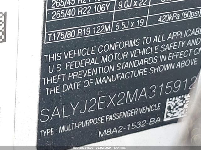 SALYJ2EX2MA315912 Land Rover Range Rover Velar P250 S
