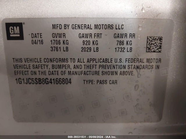 Chevrolet Sonic Lt Auto 2016 1G1JC5SB8G4166804 Image 9