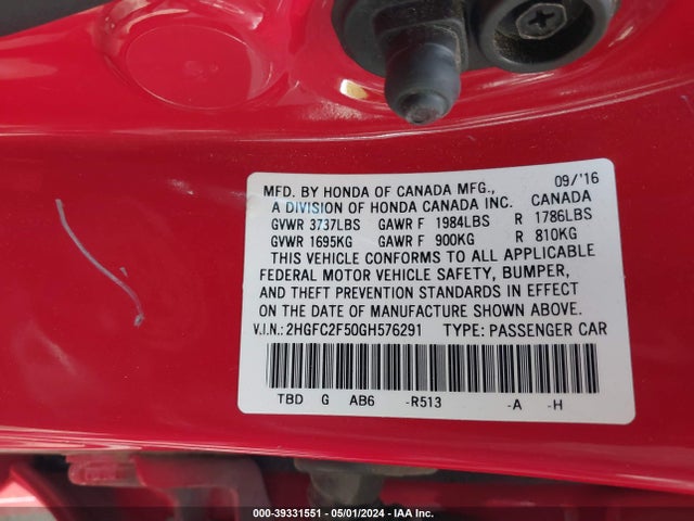 Honda Civic Lx 2016 2HGFC2F50GH576291 Image 9
