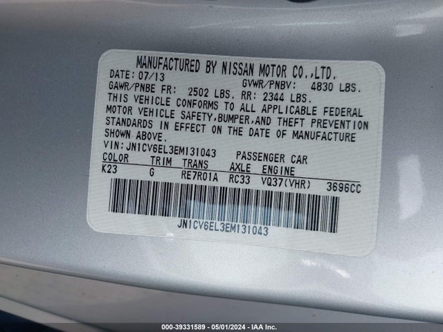 Aukcja sprzedaży 2014 Infiniti Q60, vin: JN1CV6EL3EM131043, numer aukcji: 39331589