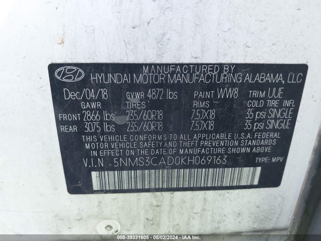5NMS3CAD0KH069163 Hyundai Santa Fe Sel Plus