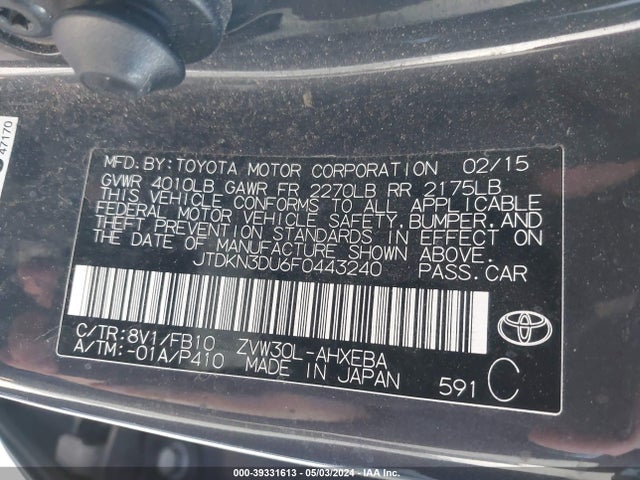 Toyota Prius Two 2015 JTDKN3DU6F0443240 Image 9