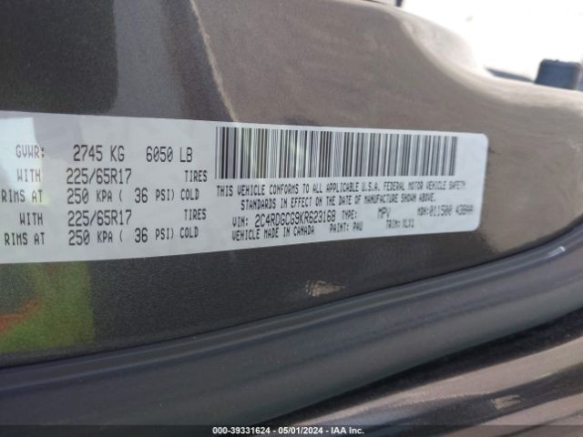 2C4RDGCG9KR623168 Dodge Grand Caravan Sxt