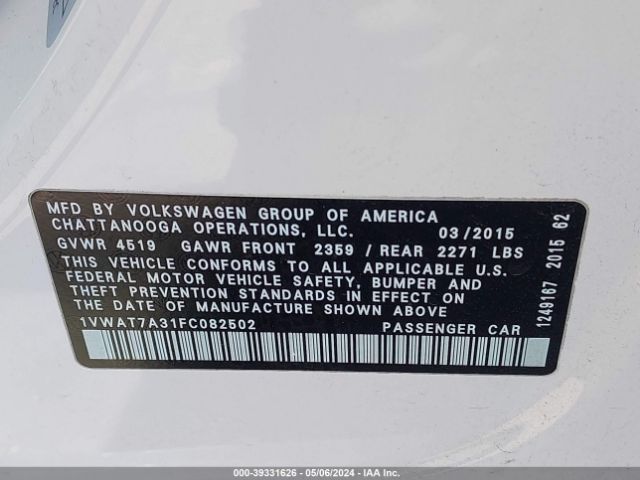 1VWAT7A31FC082502 Volkswagen Passat 1.8t Limited Edition
