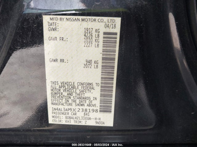 Nissan Altima 2.5 Sr 2018 1N4AL3AP9JC238198 Image 9