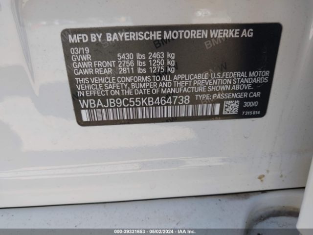2019 BMW 5 SERIES WBAJB9C55KB464738 Photo 8