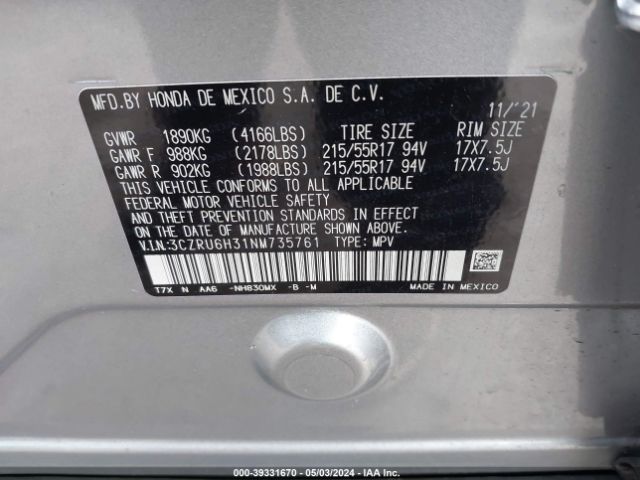 3CZRU6H31NM735761 Honda Hr-v Awd Lx