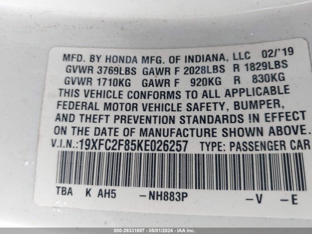 Honda Civic Sport 2019 19XFC2F85KE026257 Image 9