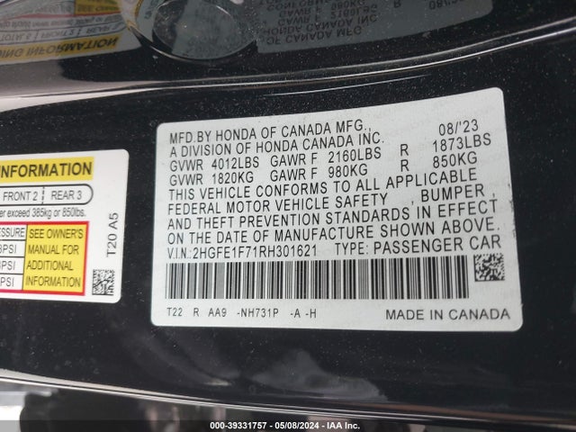 Honda CIVIC EX 2024 2HGFE1F71RH301621 Image 9