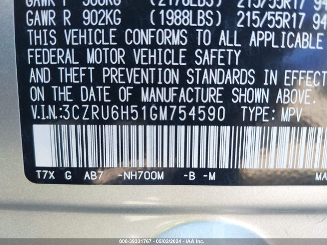 Honda HR-V EX 2016 3CZRU6H51GM754590 Image 9