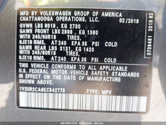 1V2UR2CA6KC542775 Volkswagen Atlas 3.6l V6 Se W/technology