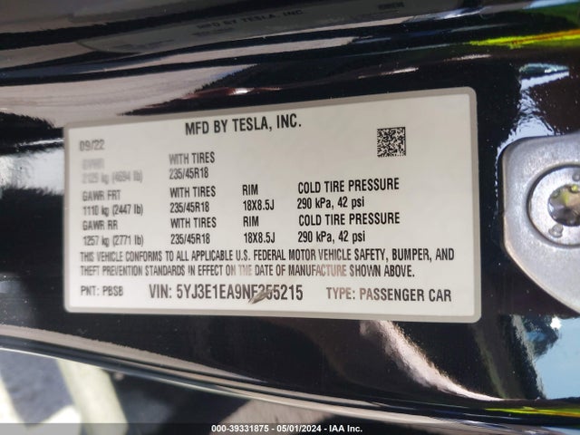 2022 TESLA MODEL 3 5YJ3E1EA9NF355215 Photo 8