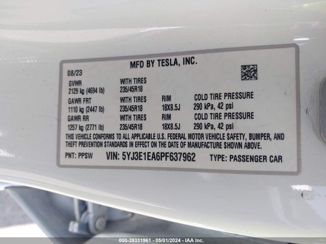 Tesla Model 3 Rear-wheel Drive 2023 5YJ3E1EA6PF637962 Image 9