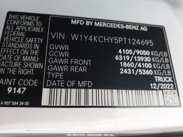 39331974 :رقم المزاد ، W1Y4KCHY5PT124695 vin ، 2023 Mercedes-benz Sprinter 2500 High Roof 4-cyl Diesel مزاد بيع