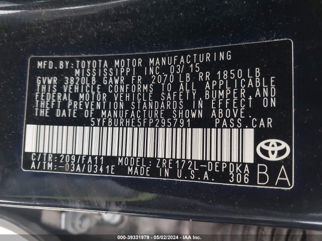 Toyota COROLLA L 2015 5YFBURHE5FP295791 Image 9