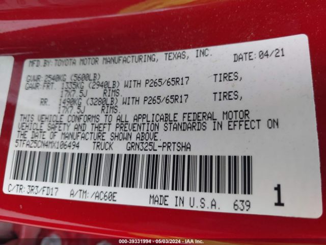 5TFAZ5CN4MX106494 Toyota Tacoma Trd Sport