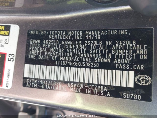 4T1BZ1HK6KU508250 Toyota Camry Xse V6