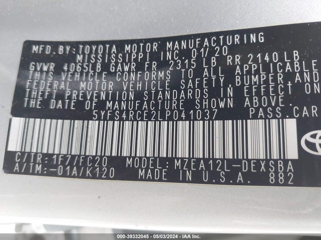 Toyota COROLLA SE 2020 5YFS4RCE2LP041037 Image 9