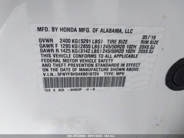 5FNYF8H54KB016724 Honda Passport Ex-l