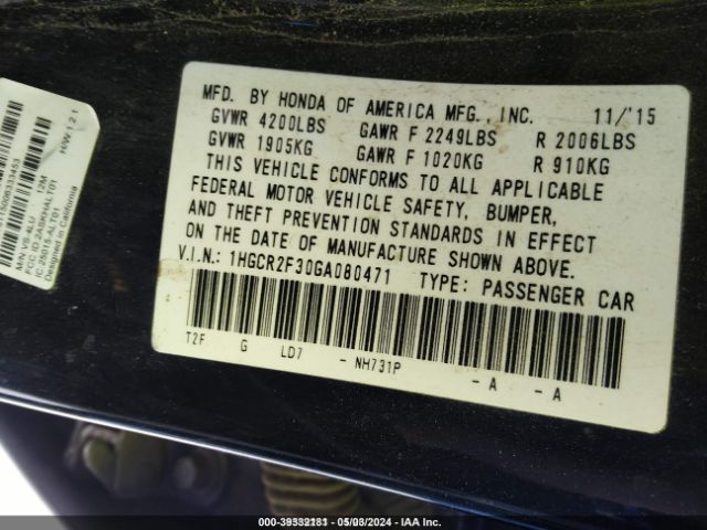 1HGCR2F30GA080471 Honda ACCORD LX