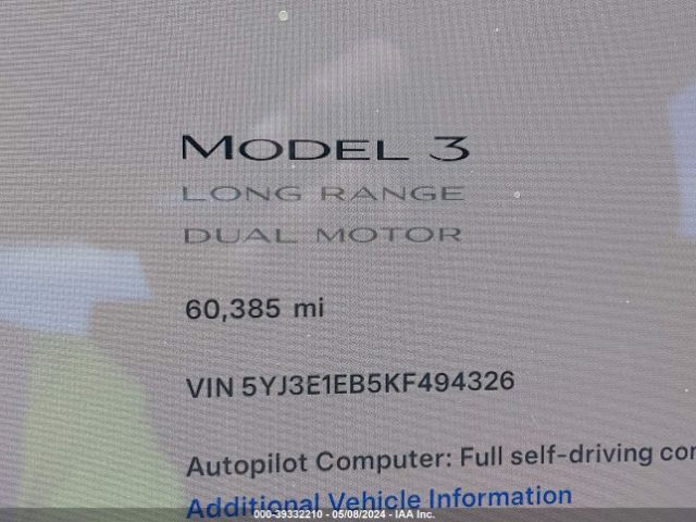 5YJ3E1EB5KF494326 Tesla Model 3 Long Range/performance