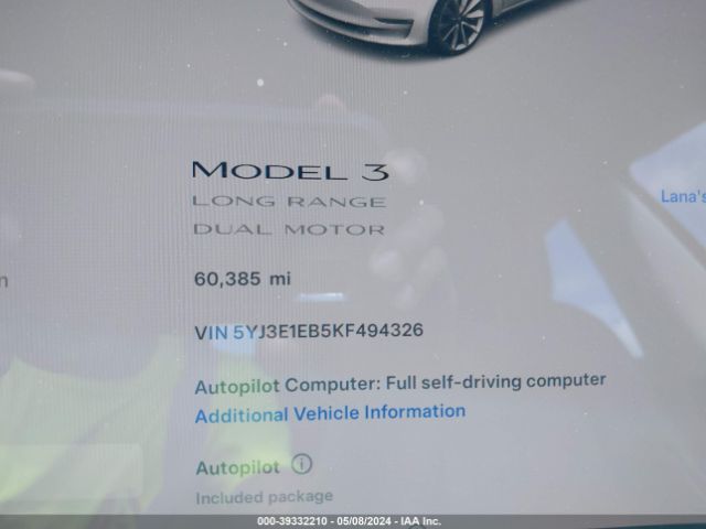 5YJ3E1EB5KF494326 Tesla Model 3 Long Range/performance